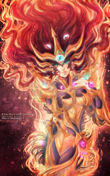 Anime picture 1500x2400 with guyver zoa-guyver lucithea single long hair tall image looking at viewer breasts light erotic simple background red eyes large breasts standing green eyes red hair horn (horns) wind hand on hip hand on chest red background