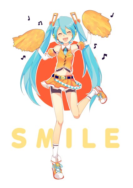 Anime picture 2480x3507 with vocaloid hatsune miku souno kazuki (artist) single long hair tall image blush highres open mouth twintails blue hair eyes closed inscription cheerleader girl navel socks headphones white socks sneakers
