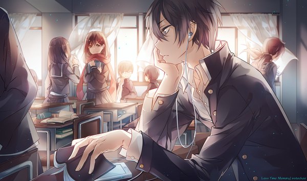Anime picture 1500x883 with kagerou project shaft (studio) loss time memory (vocaloid) tateyama ayano kisaragi shintarou instockee long hair short hair black hair smile brown hair wide image standing sitting holding brown eyes indoors profile wind group