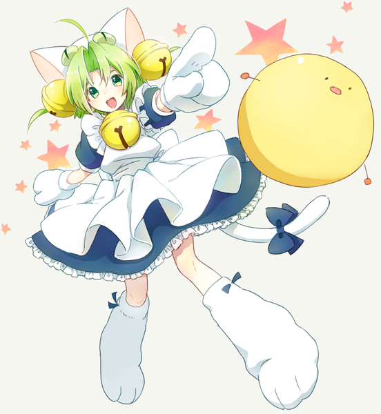 Anime picture 921x1000 with di gi charat madhouse dejiko cako asida single tall image looking at viewer short hair open mouth green eyes animal ears ahoge tail animal tail green hair cat ears grey background cat tail outstretched arm pointing