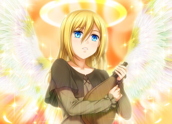 Anime picture 1600x1152 with shingeki no kyojin production i.g krista lenz mutsuki (moonknives) single long hair looking at viewer open mouth blue eyes blonde hair girl dress wings feather (feathers) halo canteen