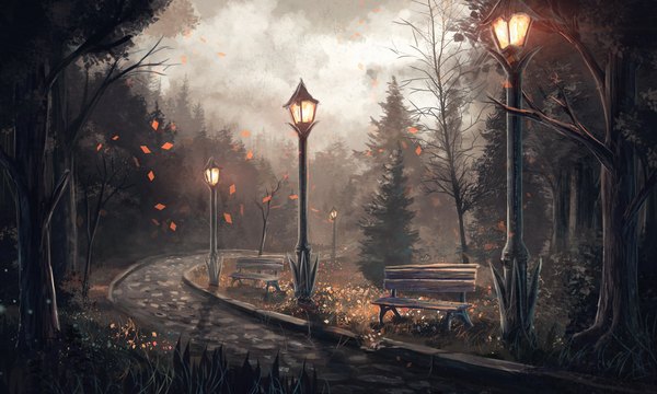 Anime picture 2000x1200 with original sylar113 highres wide image sky cloud (clouds) outdoors shadow flying no people autumn fog plant (plants) tree (trees) leaf (leaves) lantern autumn leaves bench road lamppost