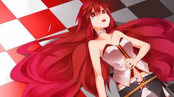 Anime picture 1920x1080 with vocaloid cul single long hair blush fringe highres breasts open mouth red eyes wide image bare shoulders red hair lying on back tears crying checkered floor girl skirt