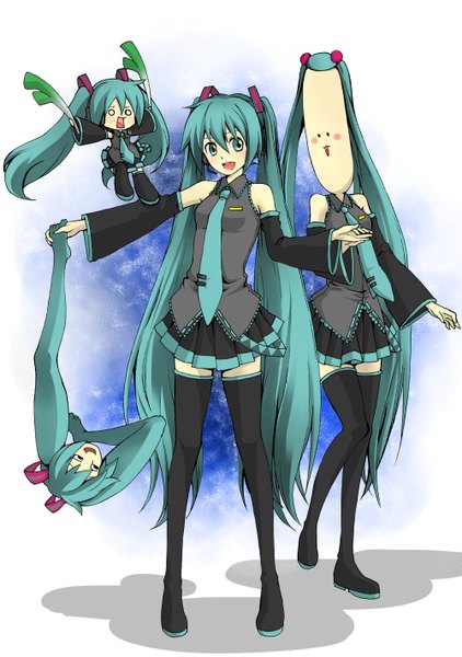 Anime picture 1000x1421 with vocaloid hatsune miku shiteyanyo kanna (chaos966) long hair tall image blush open mouth twintails looking away pleated skirt aqua eyes aqua hair holding hands chibi multiple persona o o girl skirt detached sleeves