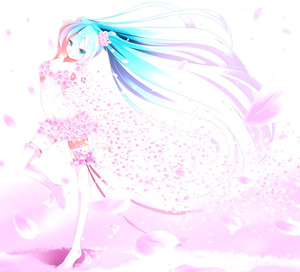 Anime picture 1500x1363 with vocaloid hatsune miku hi-lite single twintails very long hair aqua eyes aqua hair pink background girl thighhighs flower (flowers) petals white thighhighs