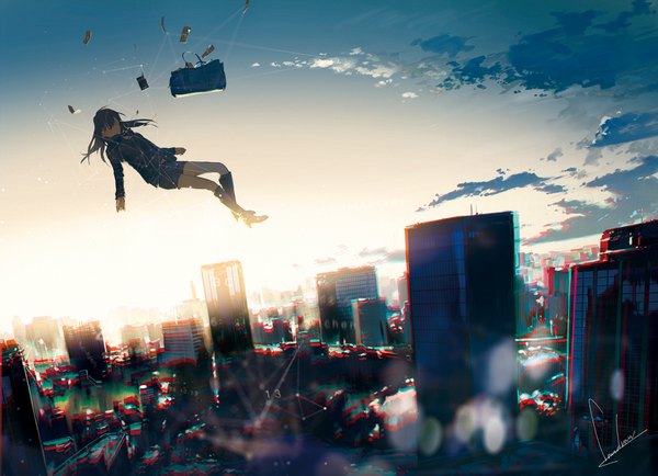 Anime picture 1100x797 with original loundraw single long hair black hair signed sky cloud (clouds) full body ahoge eyes closed blurry high heels city evening sunset spread arms cityscape falling girl