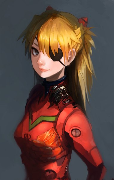 Anime picture 900x1413 with neon genesis evangelion gainax soryu asuka langley alchemaniac single long hair tall image looking at viewer fringe blue eyes blonde hair simple background grey background girl eyepatch pilot suit