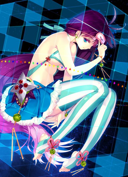 Anime picture 768x1063 with original rozer single tall image looking at viewer breasts blue eyes light erotic bare shoulders purple hair bent knee (knees) very long hair bare belly no shoes weightlessness girl thighhighs skirt miniskirt frills