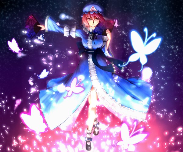 Anime picture 2400x2000 with touhou saigyouji yuyuko misaki (iu1028) single looking at viewer highres short hair red eyes pink hair girl dress frills insect butterfly bonnet fan