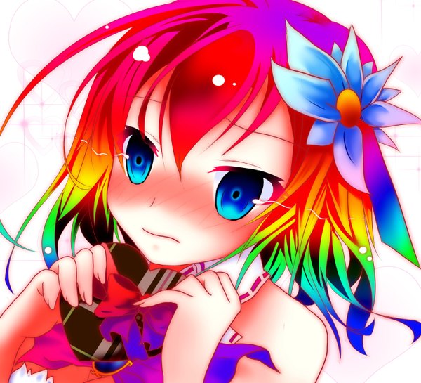 Anime picture 2750x2500 with no game no life madhouse stephanie dora mii aki single blush fringe highres short hair blue eyes hair between eyes white background bare shoulders holding looking away pink hair purple hair upper body ahoge red hair