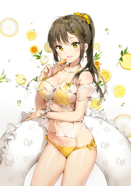 Anime picture 3338x4742 with original anmi single long hair tall image looking at viewer blush fringe highres breasts open mouth light erotic smile brown hair large breasts standing white background bare shoulders holding yellow eyes