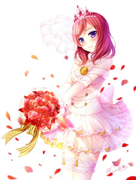 Anime picture 606x800 with love live! school idol project sunrise (studio) love live! nishikino maki grandia bing single tall image looking at viewer blush short hair smile white background purple eyes red hair girl thighhighs dress gloves flower (flowers) petals