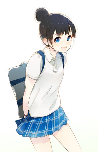 Anime picture 797x1236 with original fujisawa machi single tall image looking at viewer blush short hair open mouth blue eyes black hair simple background white background pleated skirt hair bun (hair buns) plaid skirt hands behind back girl skirt uniform school uniform