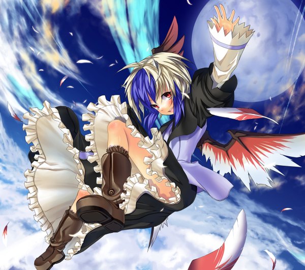 Anime picture 1300x1150 with touhou tokiko (touhou) kaiho single looking at viewer blush fringe short hair blonde hair red eyes blue hair sky cloud (clouds) full body bent knee (knees) long sleeves multicolored hair wide sleeves spread arms frilled dress