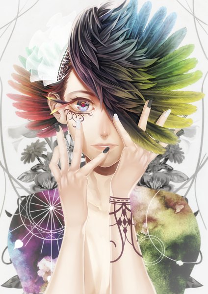 Anime picture 1240x1754 with haruno ake single tall image looking at viewer nail polish fingernails lips face paint bodypaint girl flower (flowers) feather (feathers)
