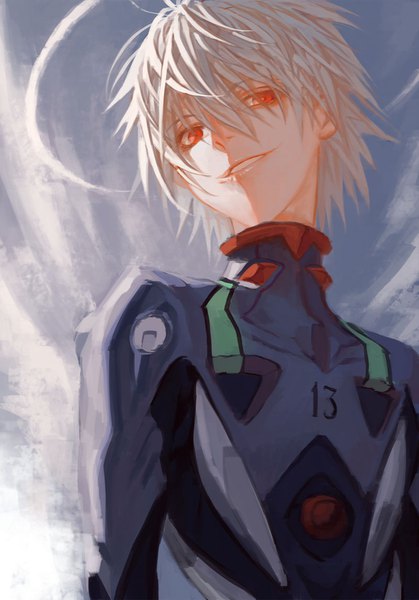 Anime picture 800x1144 with neon genesis evangelion gainax nagisa kaworu shaliva single tall image looking at viewer fringe short hair smile hair between eyes red eyes upper body white hair parted lips boy bodysuit pilot suit number (numbers)