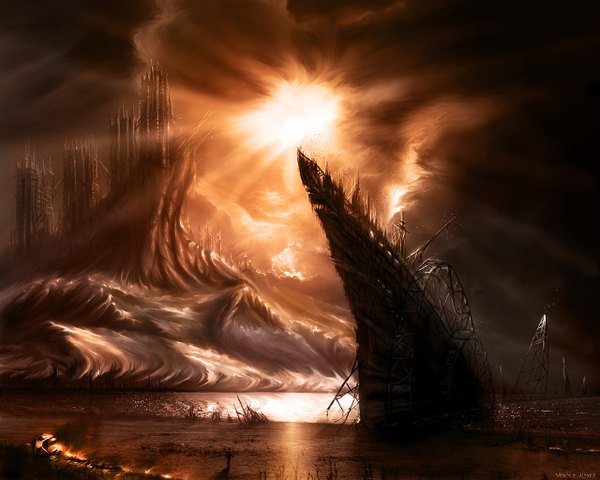Anime picture 1280x1024 with alexiuss city evening sunset landscape ruins science fiction post-apocalyptic water building (buildings) watercraft ship