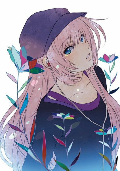 Anime picture 565x800 with vocaloid megurine luka oharu single long hair tall image looking at viewer fringe open mouth blue eyes simple background white background pink hair girl flower (flowers) headphones wire (wires) flat cap