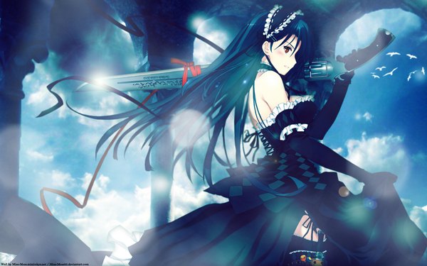 Anime picture 1920x1200 with single long hair highres black hair red eyes wide image goth-loli girl dress gloves ribbon (ribbons) weapon elbow gloves gun bonnet