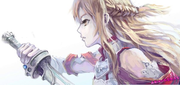 Anime picture 1418x675 with sword art online a-1 pictures yuuki asuna single long hair fringe open mouth simple background blonde hair wide image white background bare shoulders brown eyes looking away profile girl weapon sword