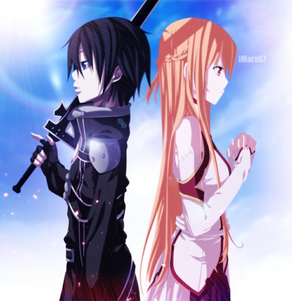 Anime picture 989x1019 with sword art online a-1 pictures yuuki asuna kirigaya kazuto eroishi tall image fringe blue eyes black hair standing holding braid (braids) profile orange hair orange eyes coloring glow back to back girl boy