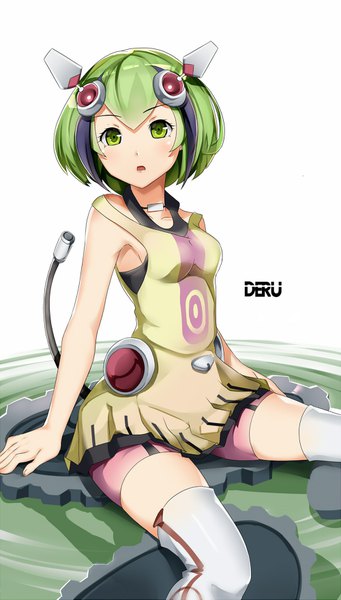 Anime picture 1000x1757 with dimension w yurizaki mira kimoshi single tall image blush short hair simple background white background sitting green eyes signed looking away purple hair tail parted lips multicolored hair green hair arm support two-tone hair