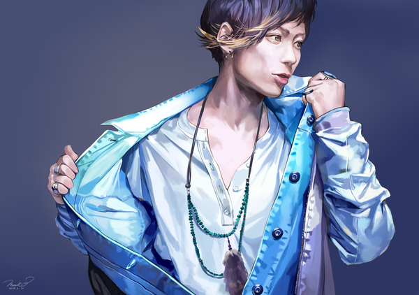 Anime picture 4200x2960 with uverworld takuya momoko (momopoco) single highres short hair black hair simple background brown eyes signed looking away absurdres upper body parted lips multicolored hair realistic open jacket two-tone hair boy earrings