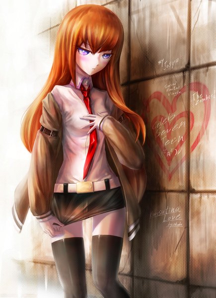 Anime picture 1689x2327 with steins;gate white fox makise kurisu tabix0819 single long hair tall image blush brown hair purple eyes open clothes open jacket zettai ryouiki girl thighhighs black thighhighs miniskirt shirt necktie shorts