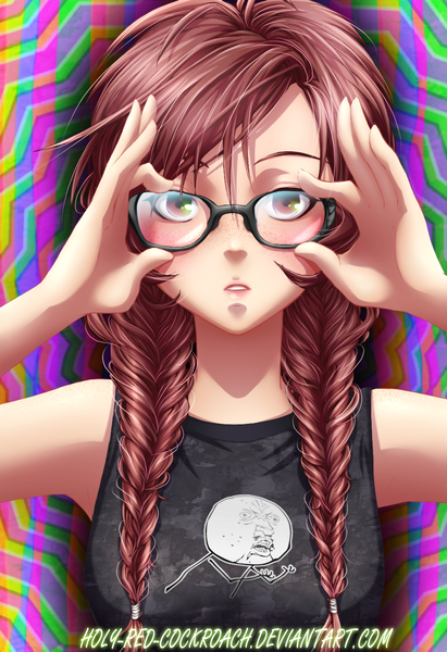 Anime picture 1024x1492 with carat! (manga) holy-red-cockroach single long hair tall image brown hair brown eyes braid (braids) lips twin braids portrait face freckles girl glasses