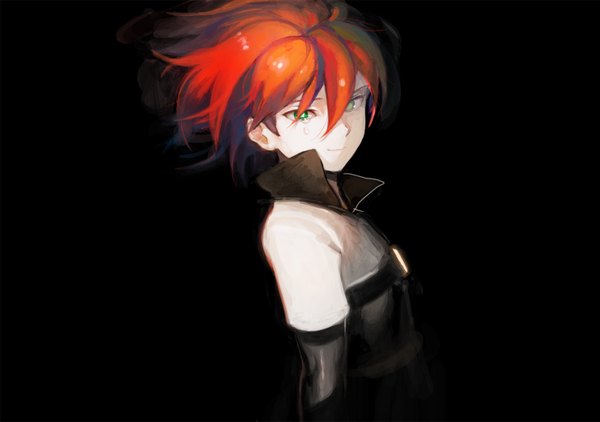 Anime picture 1477x1040 with inazuma eleven kiyama hiroto uinti single looking at viewer short hair simple background smile green eyes red hair light smile tears black background boy