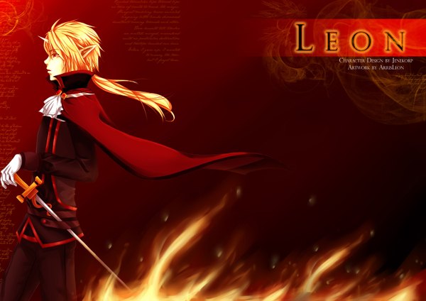 Anime picture 1500x1060 with original ariusleon single long hair blonde hair red eyes horn (horns) pointy ears inscription text red background english boy weapon sword cloak neckerchief