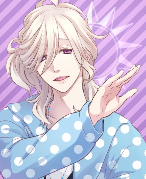 Anime picture 1200x1469 with brothers conflict idea factory asahina louis kanno miiyu (artist) single long hair tall image looking at viewer open mouth blonde hair purple eyes striped polka dot purple background striped background boy necklace