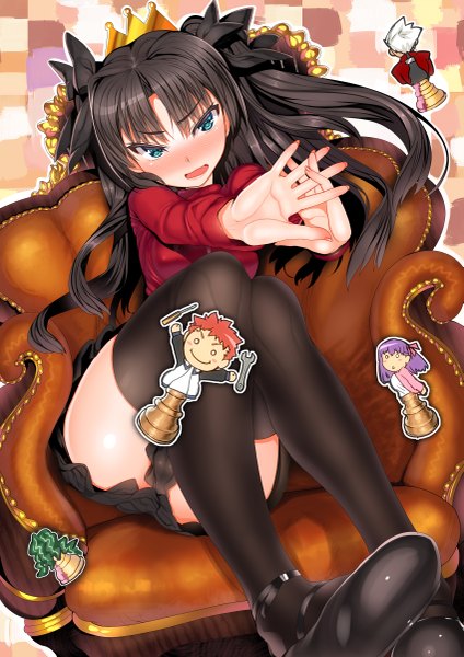 Anime picture 1697x2400 with fate (series) fate/stay night type-moon toosaka rin char long hair tall image blush open mouth light erotic black hair sitting pantyshot girl thighhighs skirt underwear panties bow black thighhighs