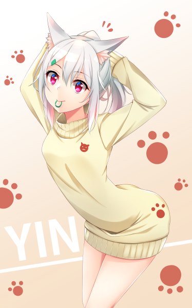 Anime picture 748x1200 with original helther single long hair tall image looking at viewer smile holding animal ears silver hair pink eyes inscription character names gradient background mouth hold adjusting hair arched back paw print hair tie in mouth girl