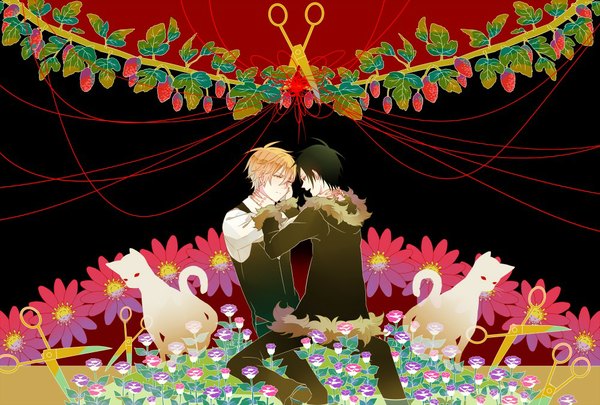 Anime picture 1000x675 with durarara!! brains base (studio) orihara izaya heiwajima shizuo short hair black hair blonde hair multiple boys shounen ai boy flower (flowers) fur 2 boys cat vest suit thread red thread scissors