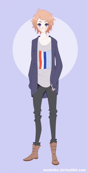 Anime picture 800x1590 with original nebeskaa single tall image looking at viewer blush short hair smile brown hair standing purple eyes pale skin purple background boy boots cape t-shirt