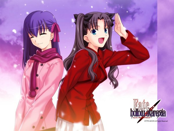 Anime picture 1024x768 with fate (series) fate/stay night fate/hollow ataraxia studio deen type-moon toosaka rin matou sakura long hair open mouth black hair smile multiple girls purple hair aqua eyes inscription two side up winter girl bow ribbon (ribbons)