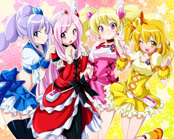 Anime picture 1280x1024 with futari wa pretty cure higashi setsuna momozono love yamabuki inori aono miki blue eyes blonde hair purple eyes multiple girls yellow eyes purple hair one eye closed wink group girl dress 4 girls