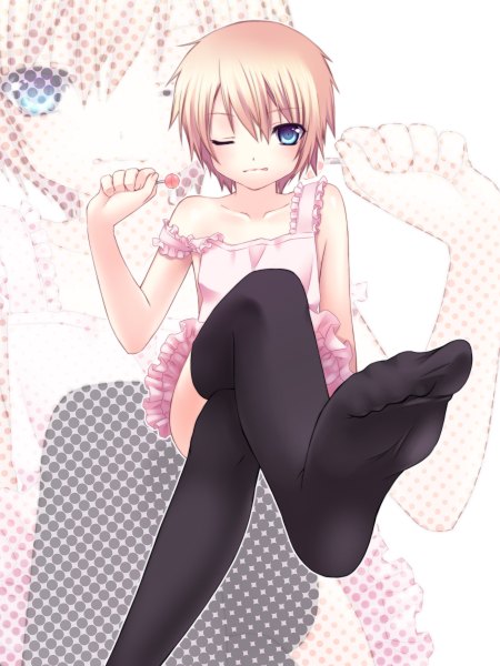 Anime picture 1800x2400 with original nana mikoto single tall image highres short hair blue eyes blonde hair one eye closed wink loli crossed legs girl thighhighs black thighhighs lollipop