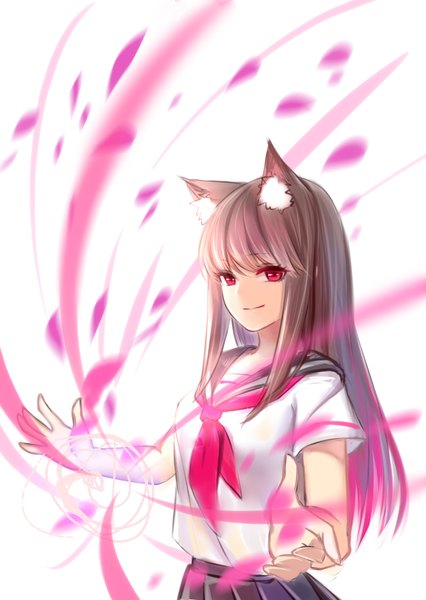 Anime picture 1240x1748 with original quingyuege single long hair tall image looking at viewer fringe simple background smile red eyes brown hair white background animal ears pleated skirt cat ears short sleeves magic spread arms girl skirt