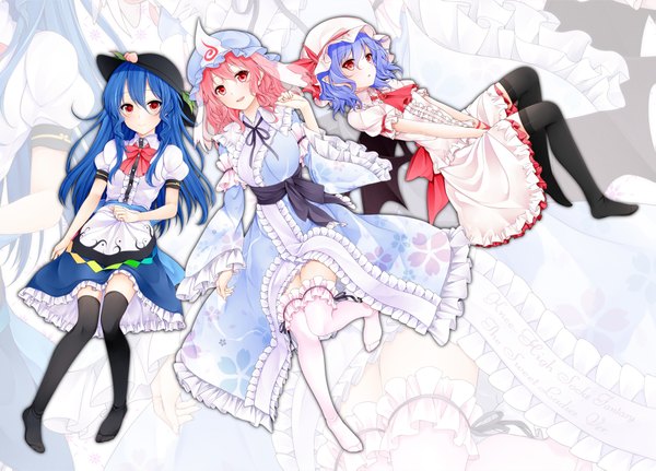 Anime picture 1839x1323 with touhou remilia scarlet saigyouji yuyuko hinanawi tenshi suzume miku long hair blush highres short hair red eyes multiple girls blue hair pink hair girl thighhighs dress black thighhighs hat white thighhighs frills