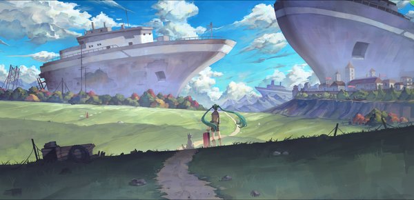 Anime picture 1920x928 with vocaloid hatsune miku zxq highres wide image standing twintails sky cloud (clouds) very long hair from behind aqua hair mountain girl animal shorts belt building (buildings) knee boots dog