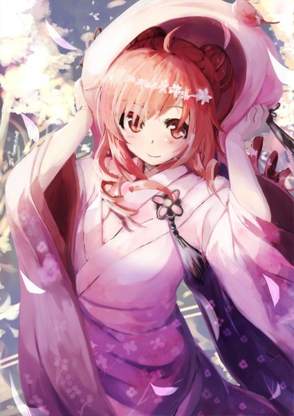 Anime picture 1200x1694 with vocaloid utau kasane teto yuki teto daidou (demitasse) single long hair tall image looking at viewer smile traditional clothes hair flower from above orange hair wide sleeves orange eyes drill hair looking up adjusting hood hair ornament