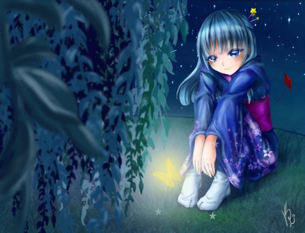 Anime picture 3613x2763 with kimik-a single long hair blush highres blue eyes smile sitting blue hair absurdres traditional clothes japanese clothes glow girl hair ornament socks kimono insect butterfly white socks
