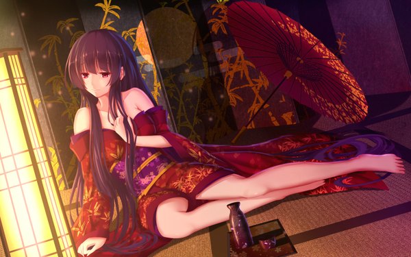 Anime picture 2880x1800 with touhou houraisan kaguya bakanoe single long hair fringe highres breasts smile red eyes bare shoulders looking away purple hair indoors blunt bangs traditional clothes japanese clothes barefoot arm support bare legs