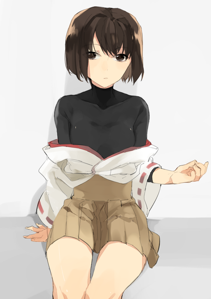 Anime picture 595x842 with kantai collection hyuuga battleship hita (hitapita) single tall image looking at viewer fringe short hair simple background hair between eyes brown hair sitting parted lips pleated skirt black eyes grey background :o girl skirt turtleneck