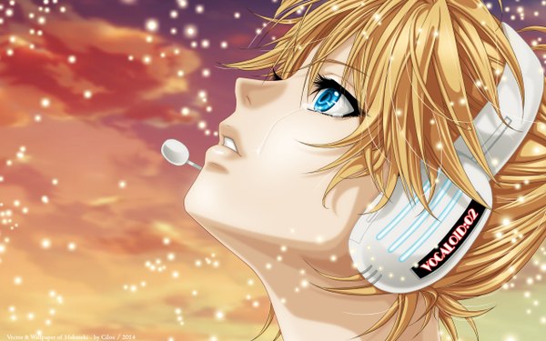 Anime picture 2560x1600 with vocaloid kagamine len cilou (artist) hakuseki single highres short hair blue eyes blonde hair sky cloud (clouds) evening snowing sunset looking up winter crying boy headphones headset