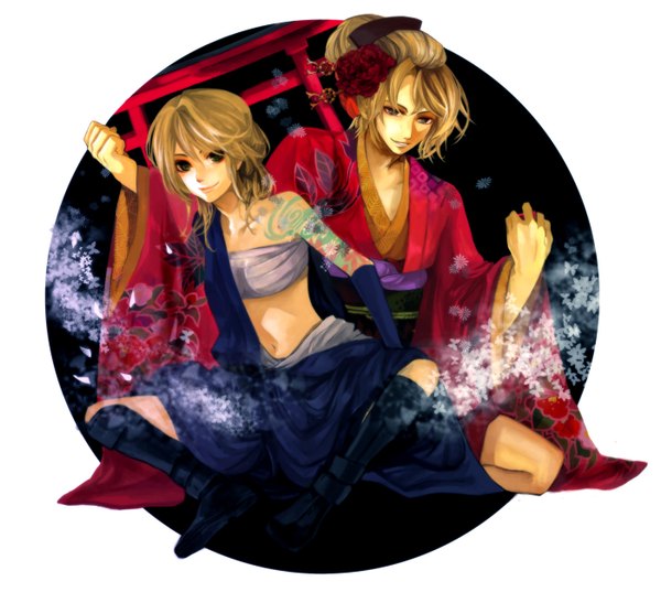 Anime picture 1400x1277 with vocaloid kagamine rin kagamine len yucco long hair blonde hair brown hair white background bare shoulders traditional clothes hair flower light smile alternate hairstyle genderswap hair up girl boy navel hair ornament petals
