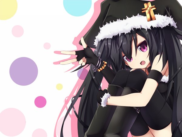 Anime picture 1600x1200 with original note-chan amano kouki long hair looking at viewer open mouth black hair hair between eyes twintails purple eyes girl thighhighs gloves black thighhighs fingerless gloves cap