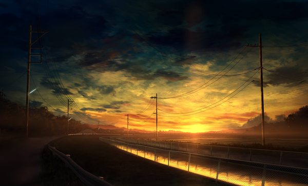 Anime picture 3300x2000 with original mks highres wide image sky cloud (clouds) evening sunset no people landscape scenic river twilight fence power lines road chain-link fence